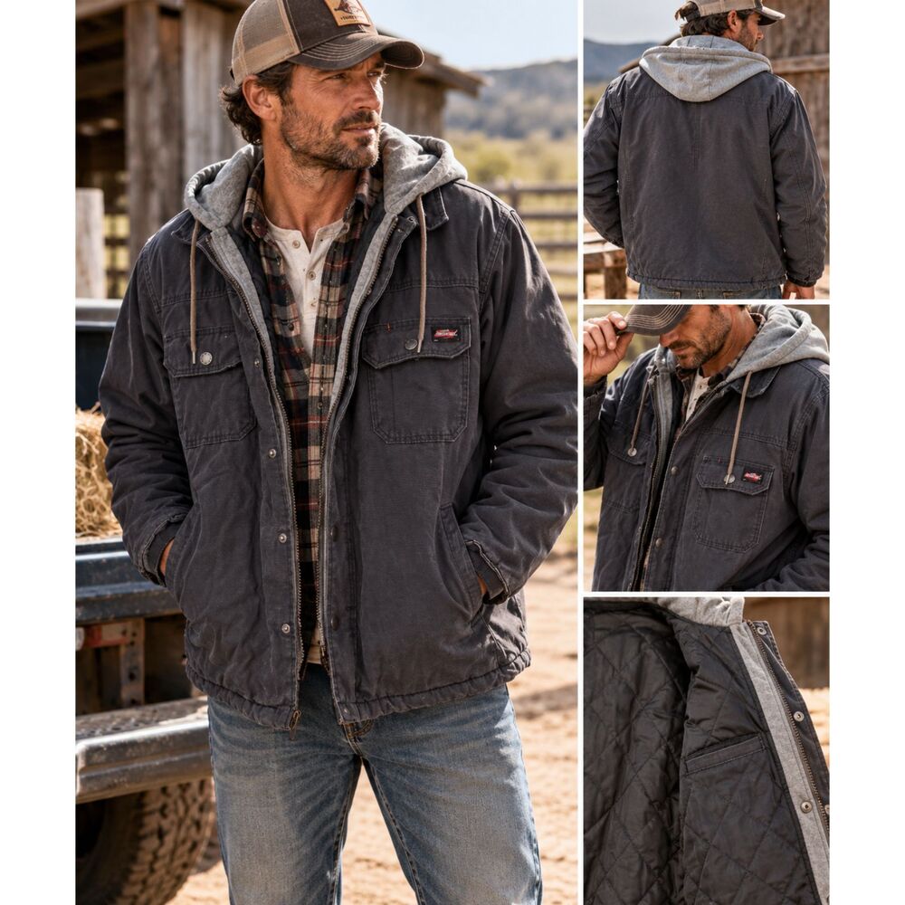 Dickies Men's Canvas Work Jacket Quilted Lined Hooded Dark Gray Medium